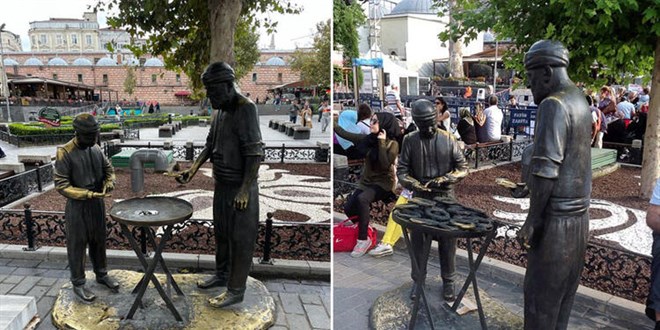 Eminönü'nde simitçi heykeli'ndeki simitleri çaldılar