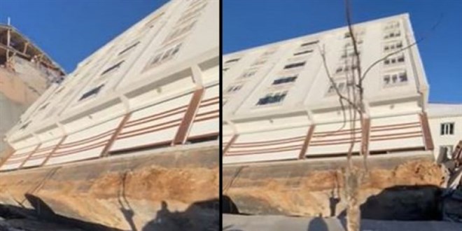 Kahramanmaraş'ta bina temeliyle yan yattı