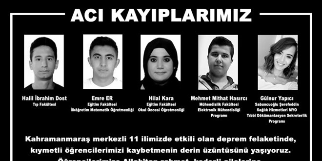 Amasya niversitesi depremde 5 rencisini kaybetti