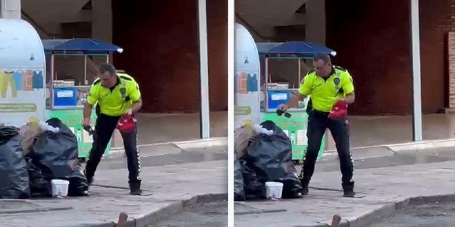 Trafik polisinden Türk bayrağı hassasiyeti; o anlar kamerada