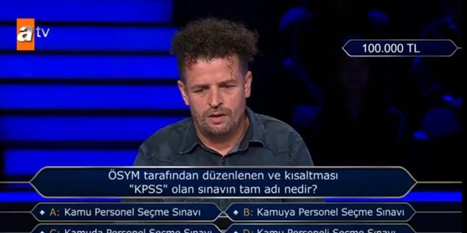 Kim Milyoner Olmak İster?' yarışmasındaki 100.000 TL'lik KPSS sorusu