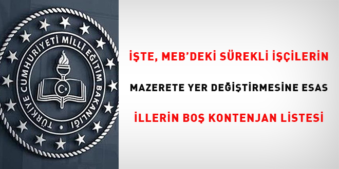 İşte MEB'deki sürekli işçilerin mazerete yer değiştirmesine esas illerin boş kontenjan listesi
