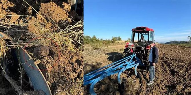 Tarlayı süren çiftçinin traktörünün pulluğuna el bombası takıldı