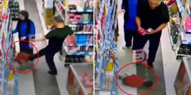 Marketin ortasında küçük çocuğu tekme tokat dövdü