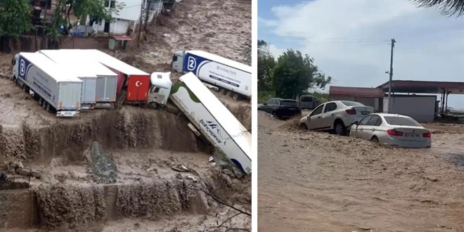 �iddetli sa�anak yollar� g�le �evirdi, sel sular� TIR'lar� s�r�kledi, yaylalara kar ya�d�