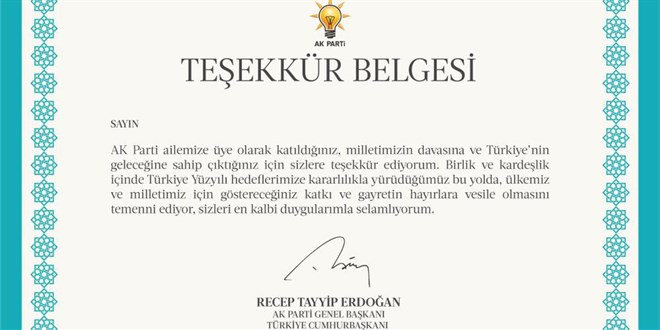 AK Parti'den 11,5 milyon �yesine Erdo�an imzal� te�ekk�r belgesi - Son Dakika Haber
