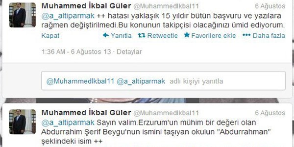 Vali, 15 yıldır yanlış olan okulun ismini twiterden düzeltti