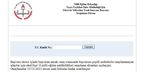 MEB, Şube müdürlüğü görevde yükselme sınavı sorgulama ekranı