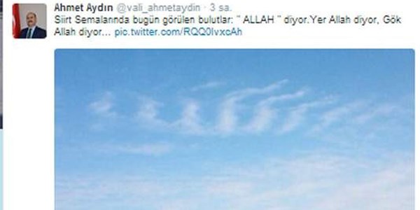 Vali Aydın, gökyüzünde 'Allah' isminin yazıldığını gösteren bir fotoğraf paylaştı