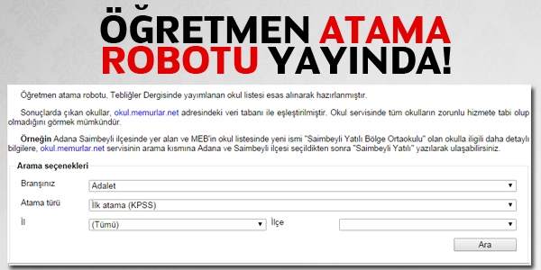 Öğretmen atama robotu yayında