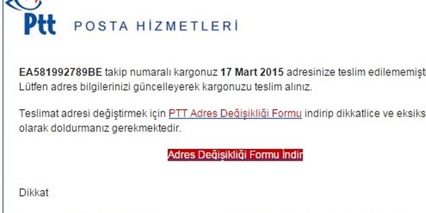 PTT'den diye gelen bu maile sakın kanmayın!