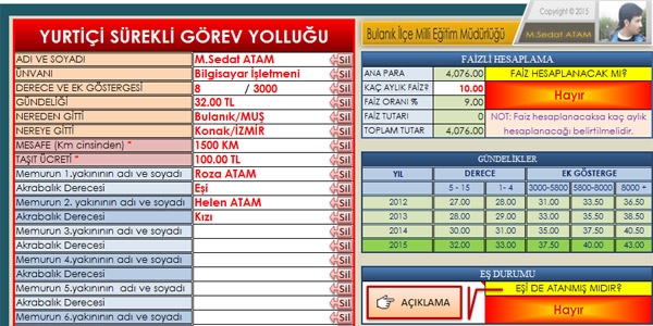 Yurtiçi harcırah hesaplama programı 2015 (M.S. Atam)