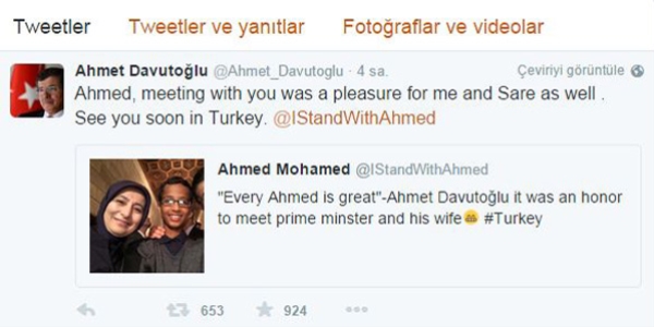 Davutoğlu'ndan ABD'li gence sosyal medya üzerinden destek