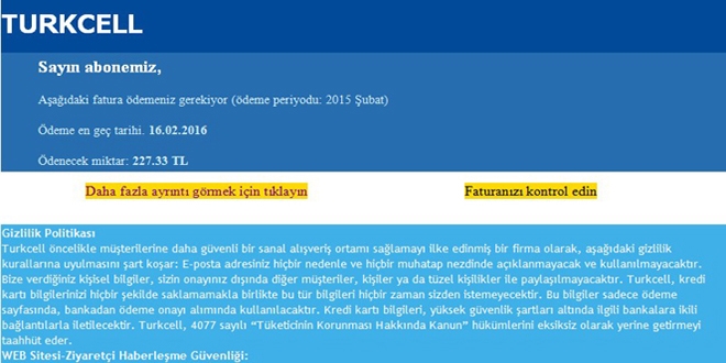 Telefon faturası görünümündeki virüse dikkat