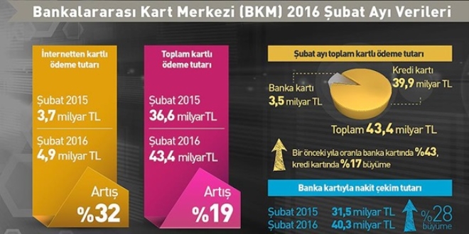 Şubatta kartlı ödeme 43,4 milyar lira oldu