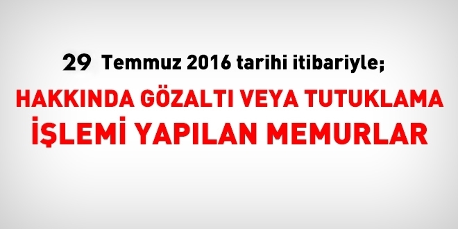 29 Temmuz itibariyle hakkında işlem yapılan memurlar