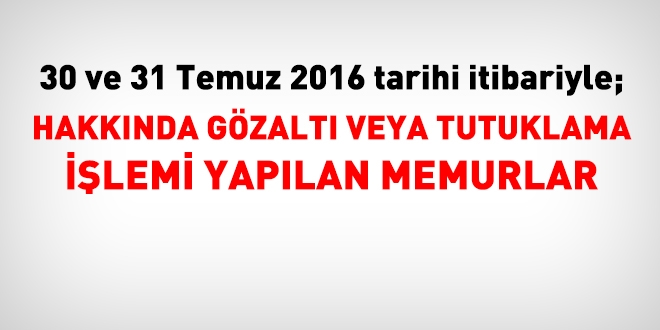 30 ve 31 Temmuz itibariyle hakknda ilem yaplan memurlar