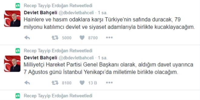 Erdoğan, Bahçeli'nin tweetlerini, retweetledi