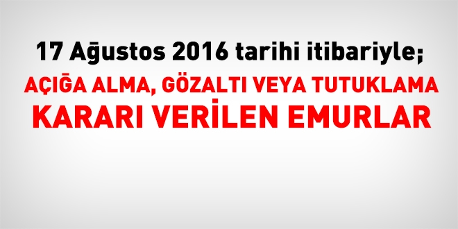 17 Ağustos 2016 tarihi itibariyle haklarında işlem yapılan kamu personeli