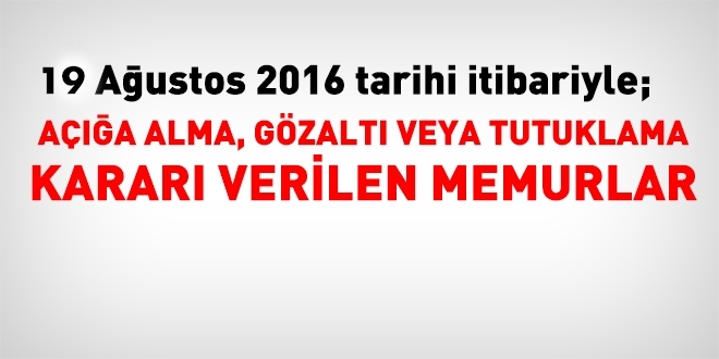 19 Austos 2016 tarihi itibariyle haklarnda ilem yaplan kamu personeli