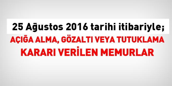 25 Ağustos 2016 tarihi itibariyle haklarında işlem yapılan kamu personeli