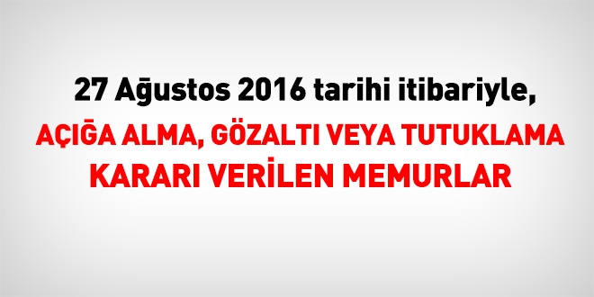 27 Ağustos 2016 tarihi itibariyle haklarında işlem yapılan kamu personeli