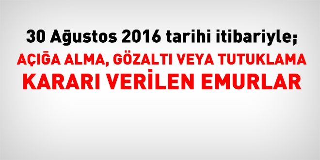 30 Ağustos 2016 tarihi itibariyle haklarında işlem yapılan kamu personeli