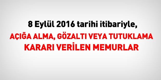 8 Eylül 2016 tarihi itibariyle haklarında işlem yapılan kamu personeli