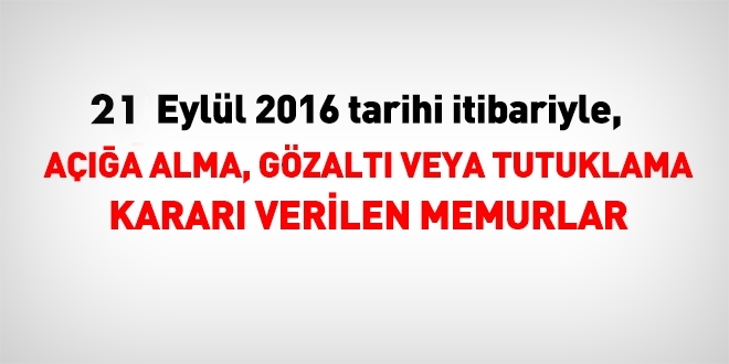 21 Eylül 2016 tarihi itibariyle haklarında işlem yapılan kamu personeli