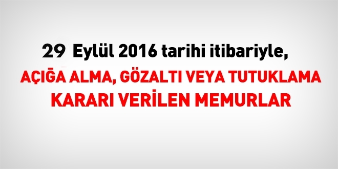 29 Eylül 2016 tarihi itibariyle haklarında işlem yapılan kamu personeli
