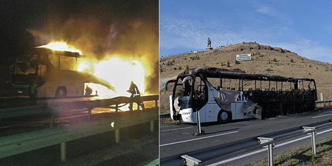 Polatl�'da seyir halindeki yolcu otob�s�nde yang�n ��kt�