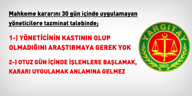 Mahkeme kararını uygulamayan amire tazminat talebinde kasıt aranmaz