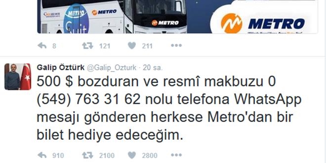 500 dolar bozdurana bedava otobüs bileti