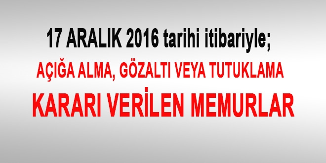 17 Aralk 2016 tarihi itibariyle haklarnda ilem yaplan kamu personeli