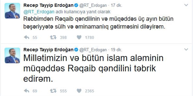 Erdoğan, Regaip Kandili'ni tebrik etti