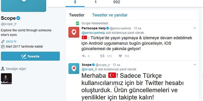 Periscope'un Türkiye'deki ismi 'Scope' olarak değiştirildi