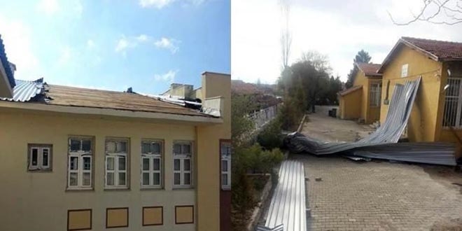 Kayseri'de şiddetli rüzgar, okulun çatısını uçurdu