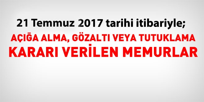 21 Temmuz 2017 tarihi itibariyle haklarnda ilem yaplan kamu personeli