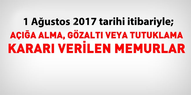 1 Austos 2017 tarihi itibariyle haklarnda ilem yaplan kamu personeli