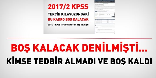 2017/2 KPSS tercihlerinde, bo kalacana ynelik haber yaplan, ancak tedbir alnmayan iki kadro bo kald