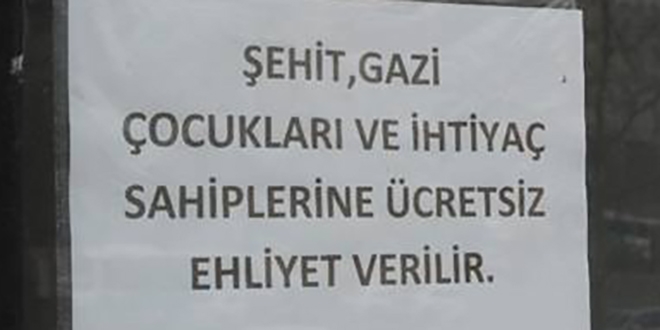 Sürücü kursundan şehit çocuklarına ve gazilere ücretsiz eğitim