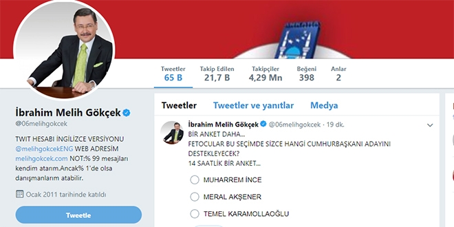 Gökçek'ten anket: FETÖ'cüler kimi destekleyecek?
