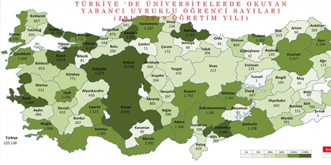 Türkiye'deki yabancı uyruklu öğrenci haritası