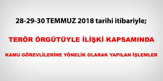 28-29-30 Temmuz 2018 tarihi itibariyle FETÖ'den haklarında işlem yapılanlar