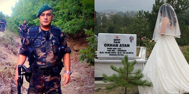 Şehit kızı, gelinliğini giyip babasının mezarına gitti