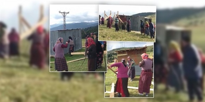 Yayladaki kaçak yapıyı kadınlar kazma kürekle yıktı