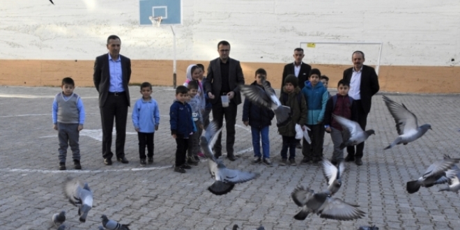 Okul bahçesinde güvercin besliyorlar