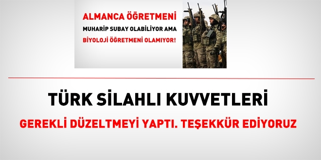 Türk Silahlı Kuvvetleri muvazzaf subay ve astsubay alımında düzeltme yaptı