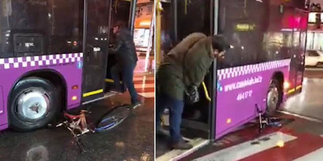 Otobüs şoförü tartıştığı kişinin bisikletini ezdi
