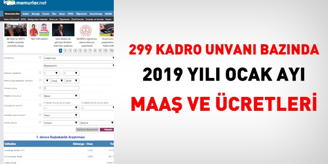 299 kadro ve pozisyon özelinde, 2019 yılı Ocak ayı net maaş ve ücretleri
